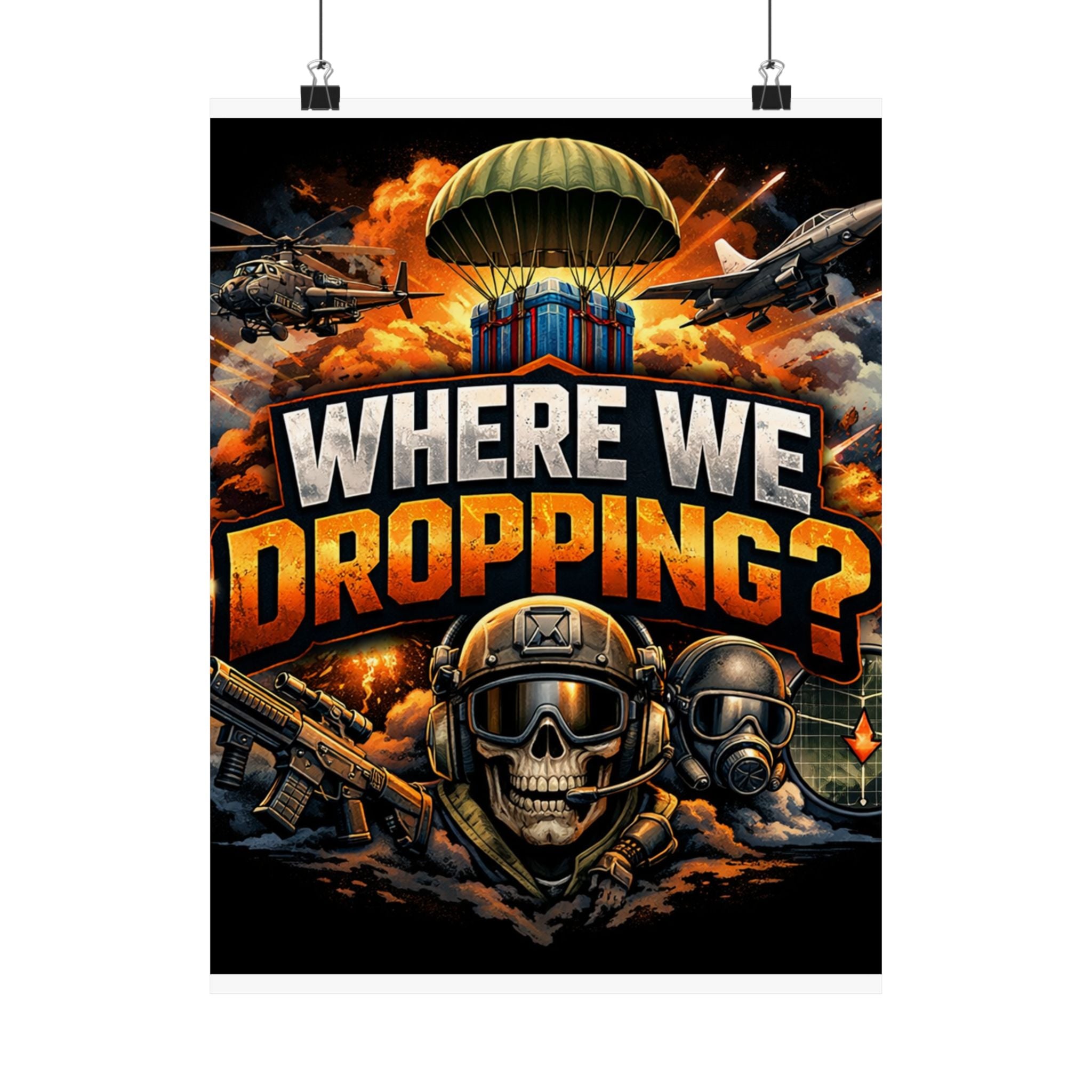 Where We Dropping? Matte Vertical Poster — Gaming Paratrooper Wall Art