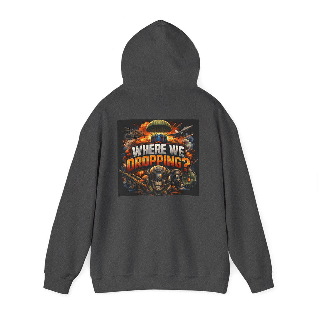 Gaming Hoodie — “Where We Dropping?” Graphic Hooded Sweatshirt