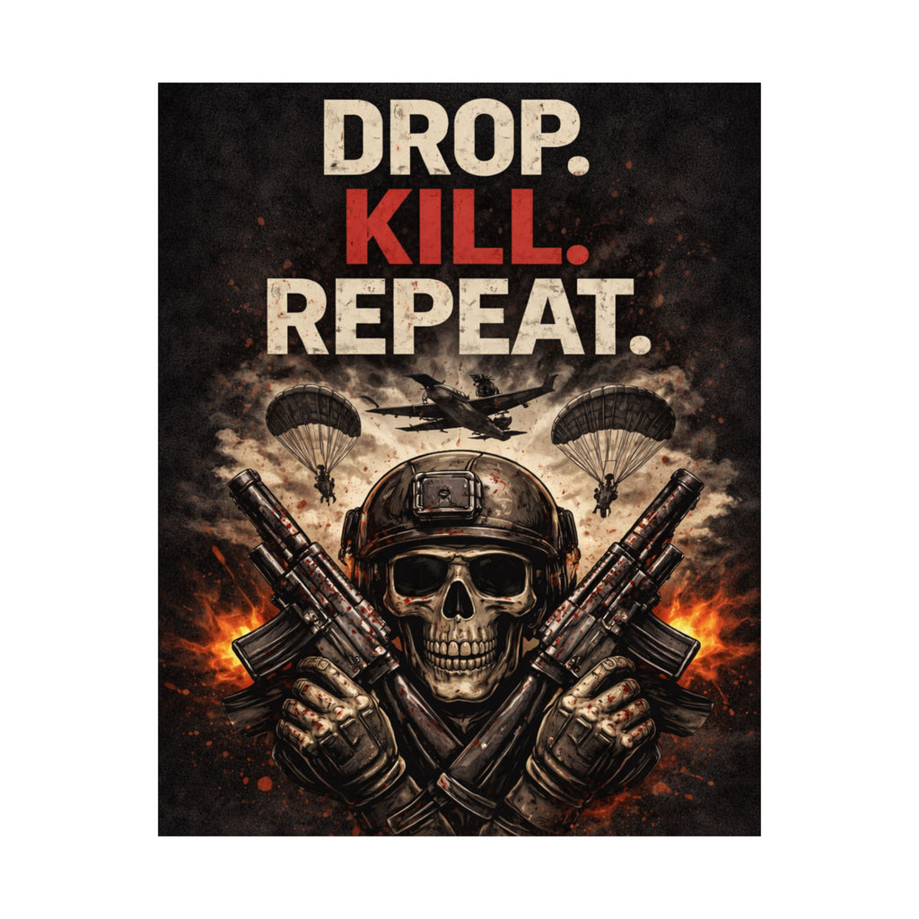 Matte Poster — "Drop. Kill. Repeat." Skull Soldier Wall Art (Military Gamer Decor)