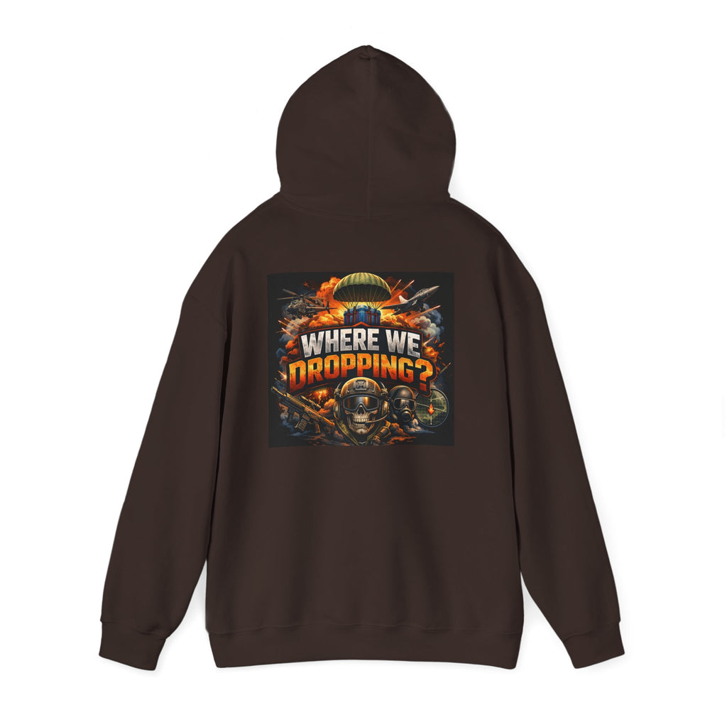 Gaming Hoodie — “Where We Dropping?” Graphic Hooded Sweatshirt