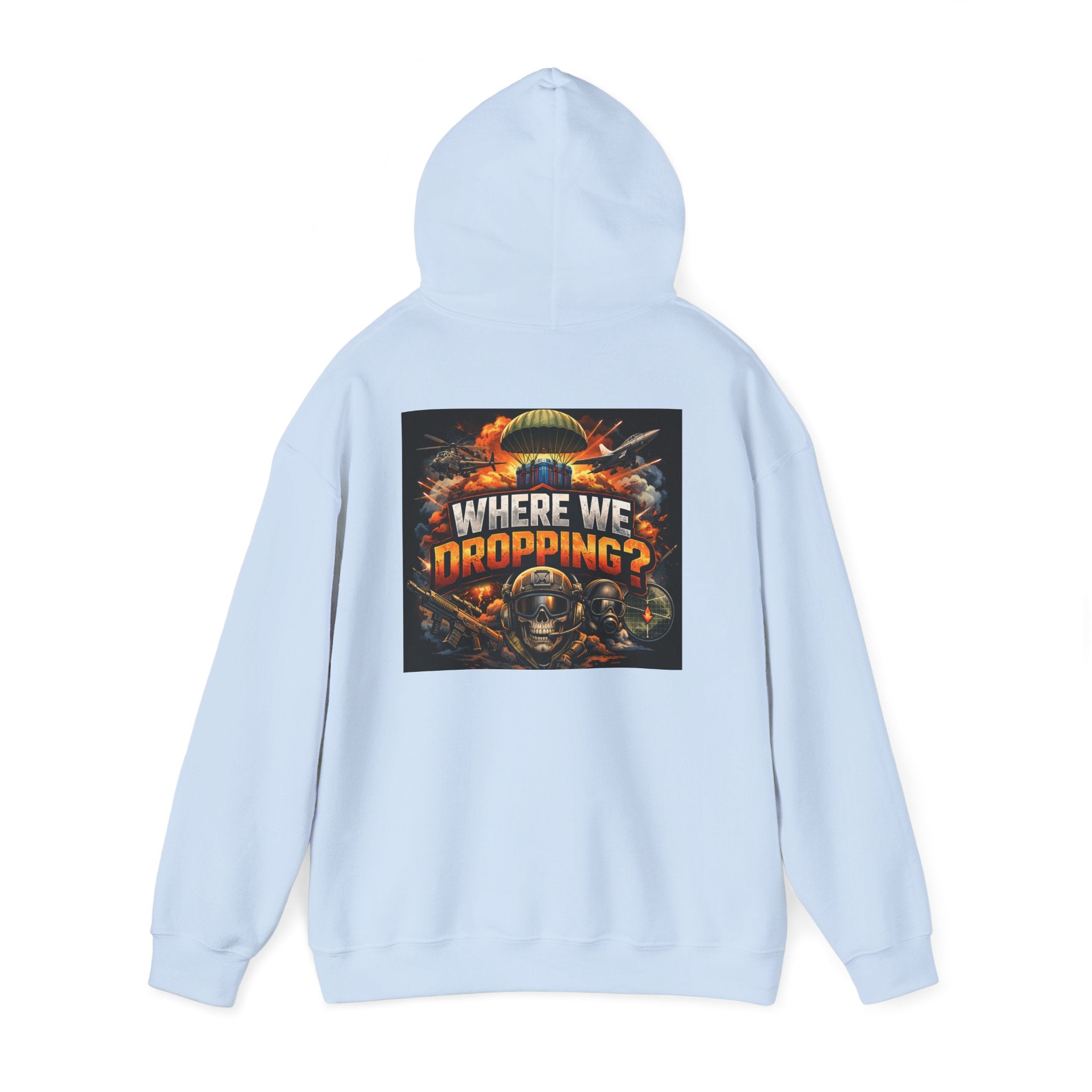 Gaming Hoodie — “Where We Dropping?” Graphic Hooded Sweatshirt