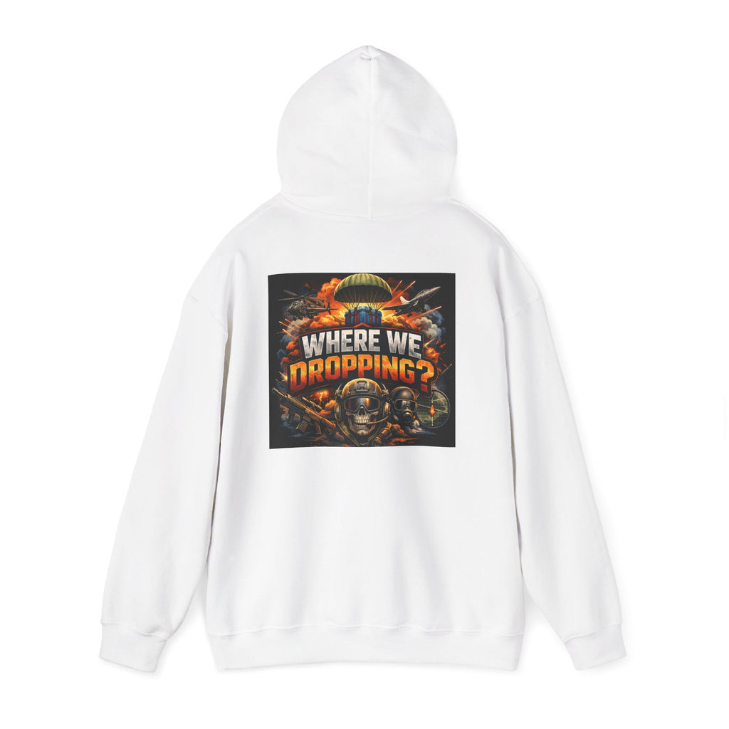 Gaming Hoodie — “Where We Dropping?” Graphic Hooded Sweatshirt