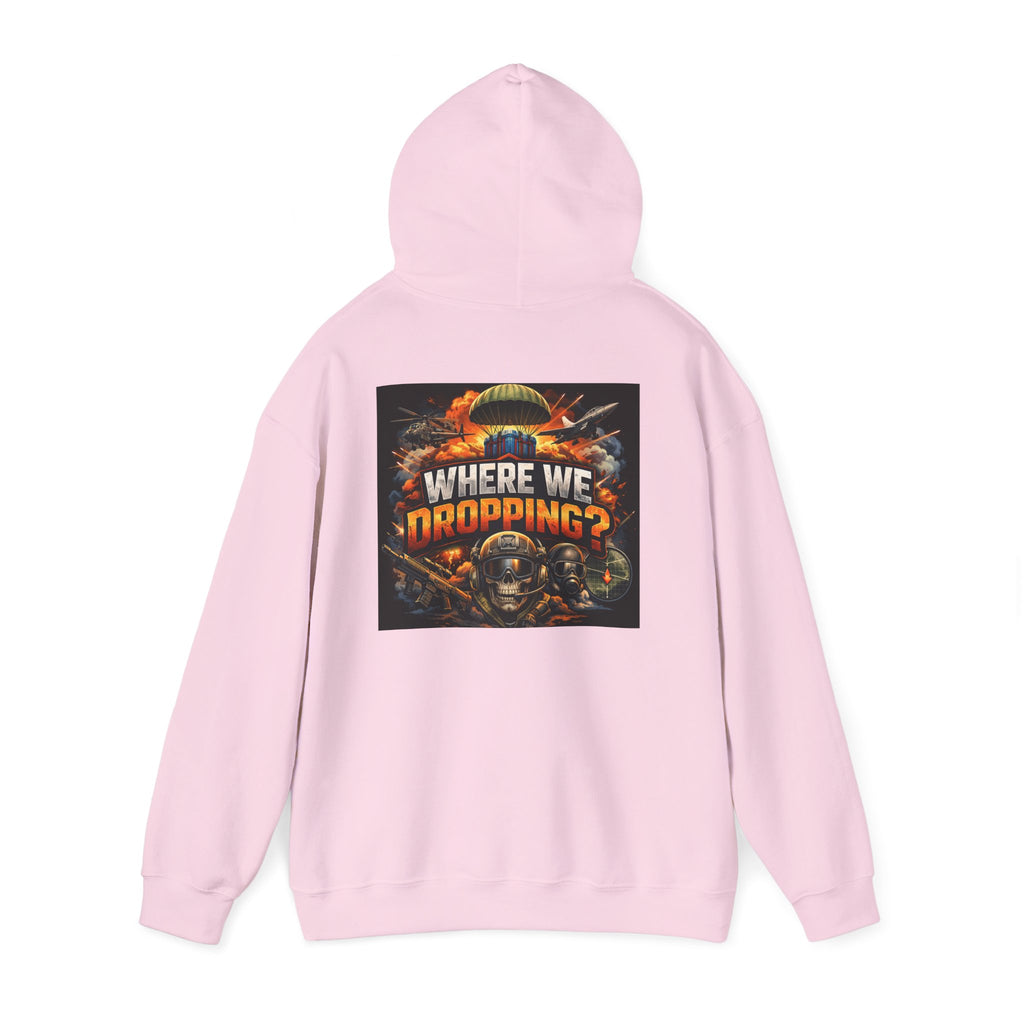 Gaming Hoodie — “Where We Dropping?” Graphic Hooded Sweatshirt