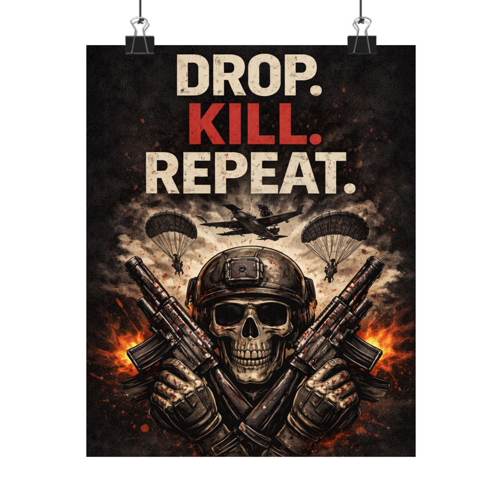 Matte Poster — "Drop. Kill. Repeat." Skull Soldier Wall Art (Military Gamer Decor)