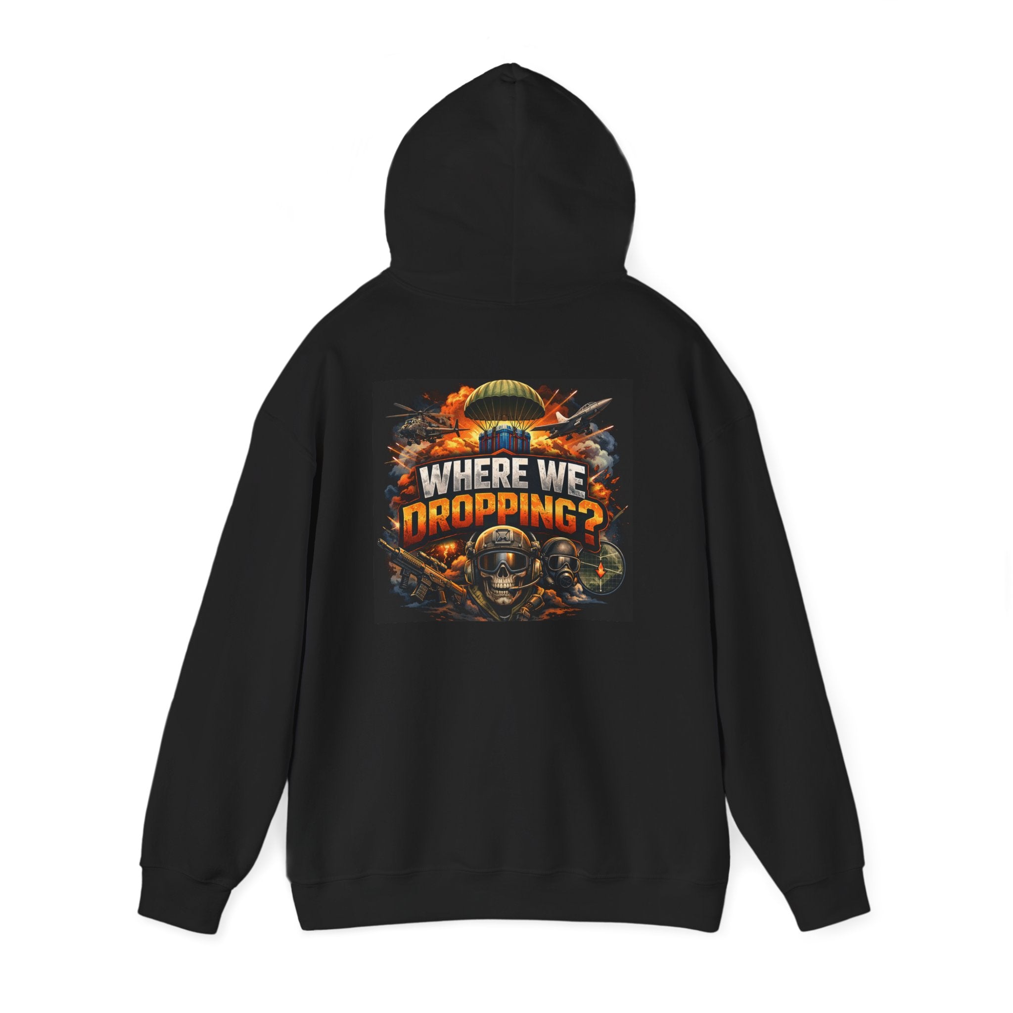 Gaming Hoodie — “Where We Dropping?” Graphic Hooded Sweatshirt