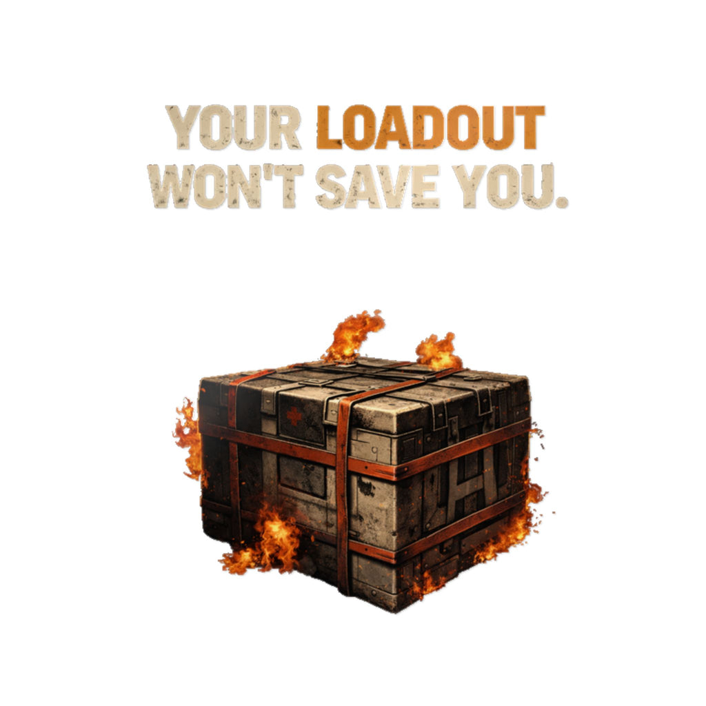 Die-Cut Sticker — “Your Loadout Won’t Save You” Flaming Loot Crate Gaming Sticker