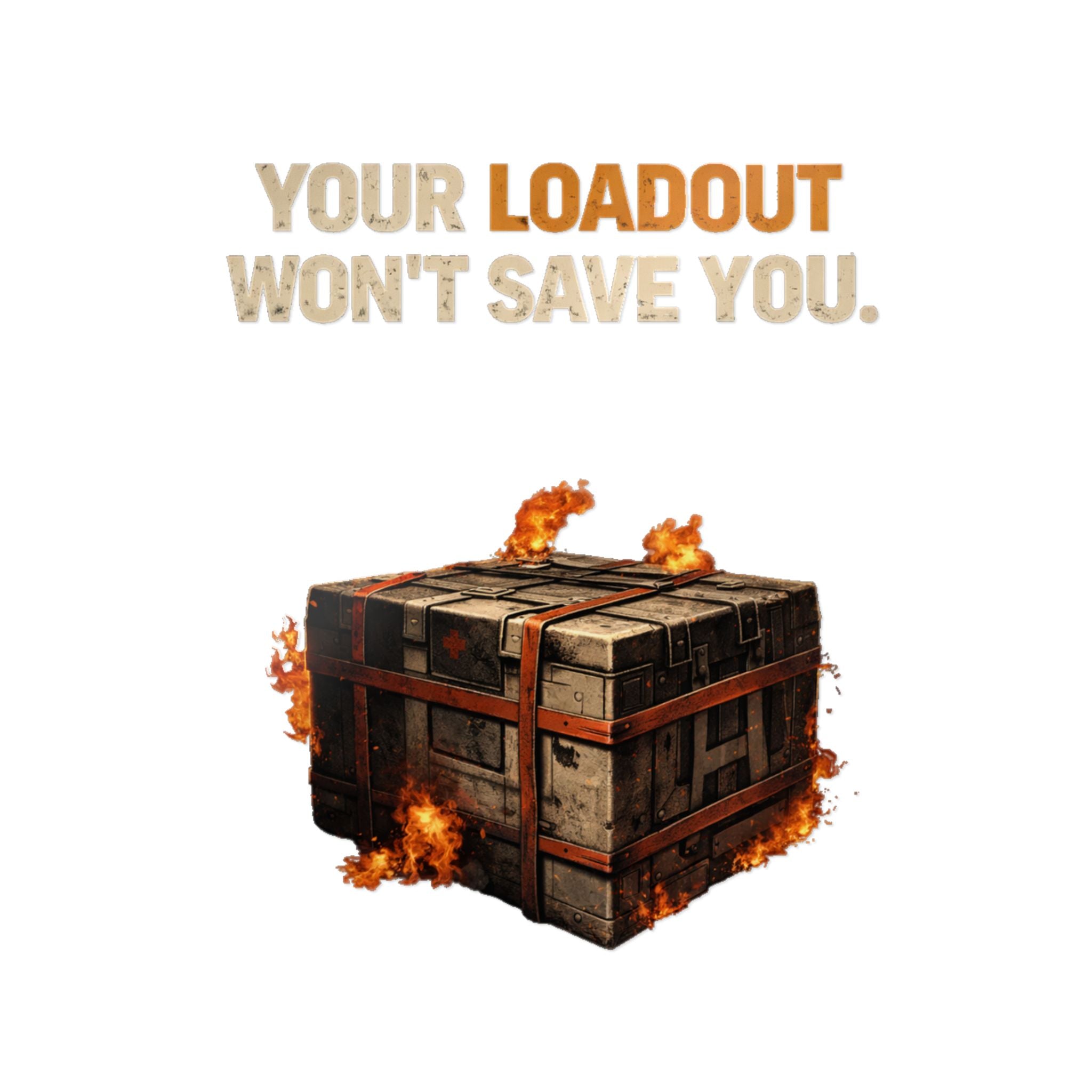 Die-Cut Sticker — “Your Loadout Won’t Save You” Flaming Loot Crate Gaming Sticker